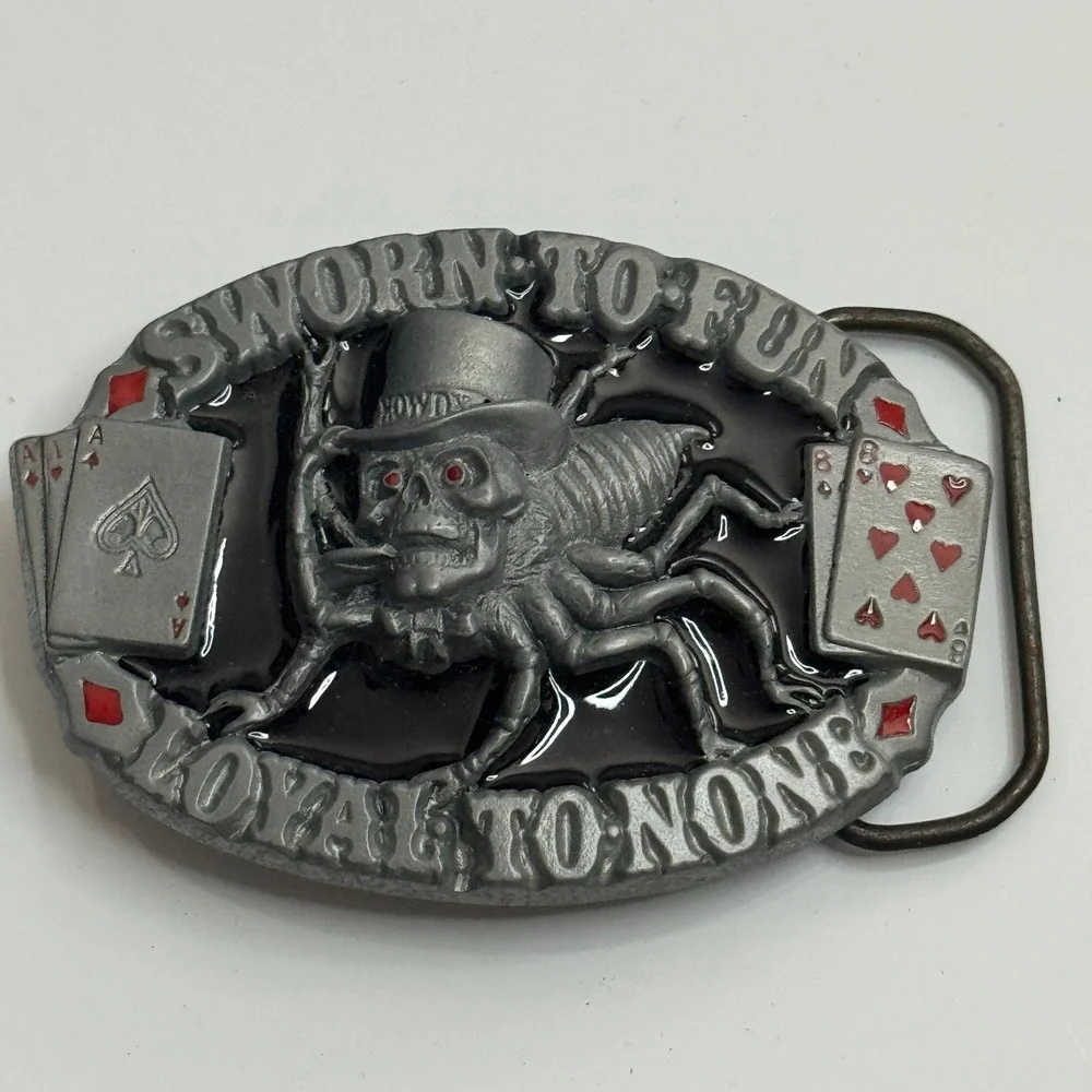 Skull Spider Belt Buckle Sworn to Fun‎ Loyal to None Poker Cards Pewter 1995